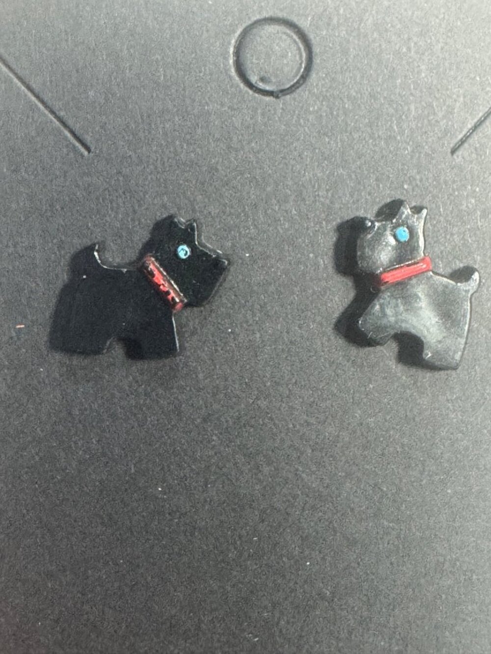 Scottie Dog Earrings Black & Silver Acrylic Red Collar Blue Eye Studs - Picture 3 of 4